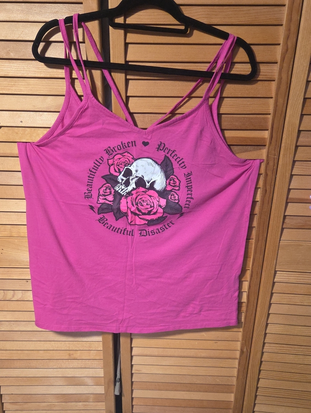 Beautiful Disaster Women's Pink Skull & Roses Strappy Tank Top